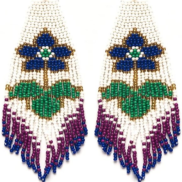 Long 6" Handmade Beaded Blue Purple Flower Oversized Earrings Beads Handcrafted - Picture 2 of 5